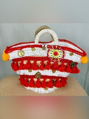 Auth Italian Handmade Cruise Handbag Tote Italian Designer Style White Red Straw
